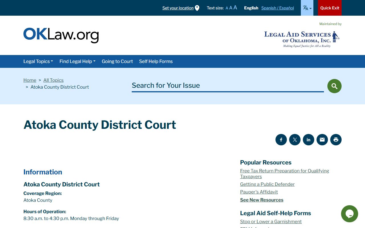 Atoka County court records contact listing for the Atoka County District Court