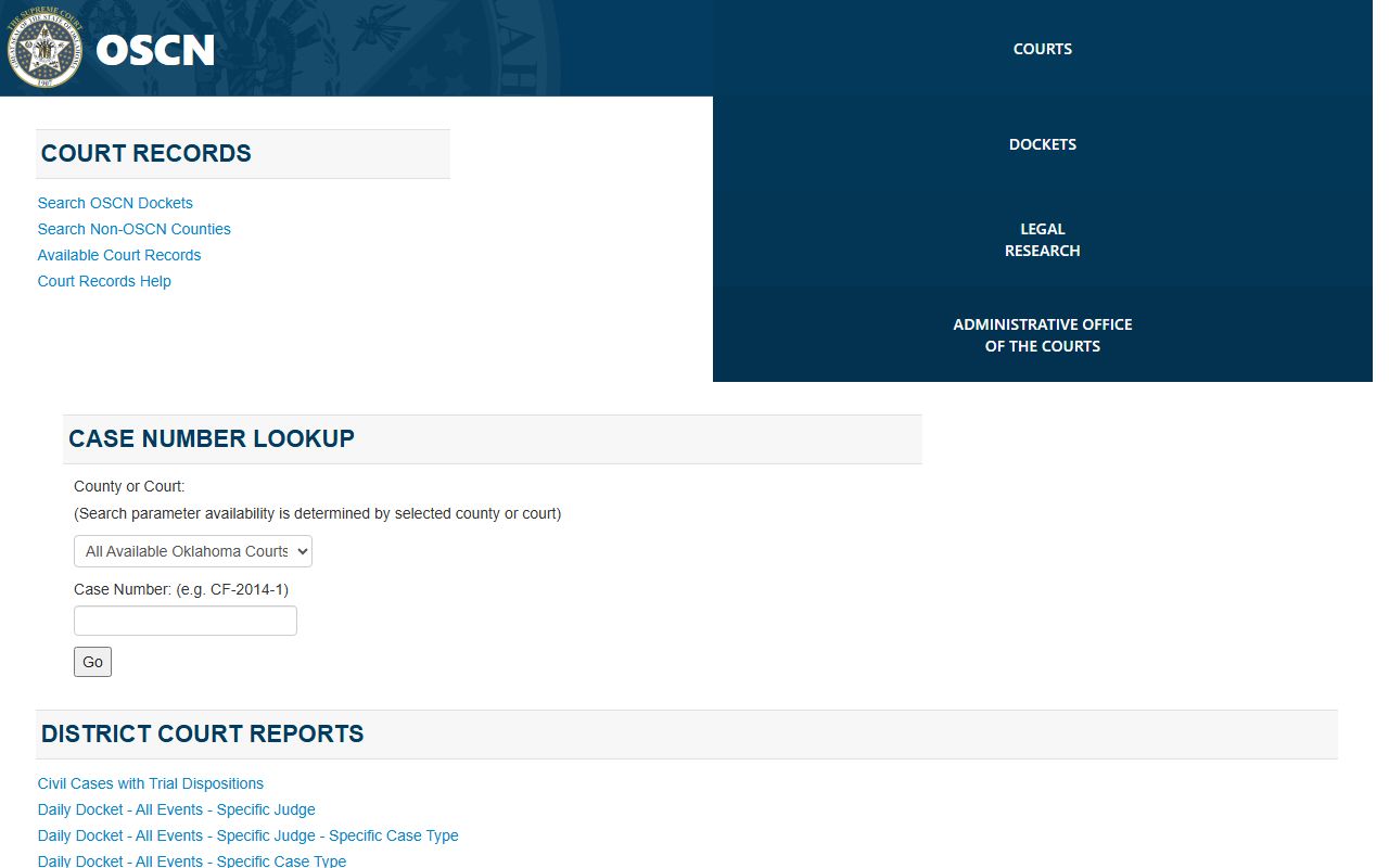 Atoka County court records search on the OSCN docket home page