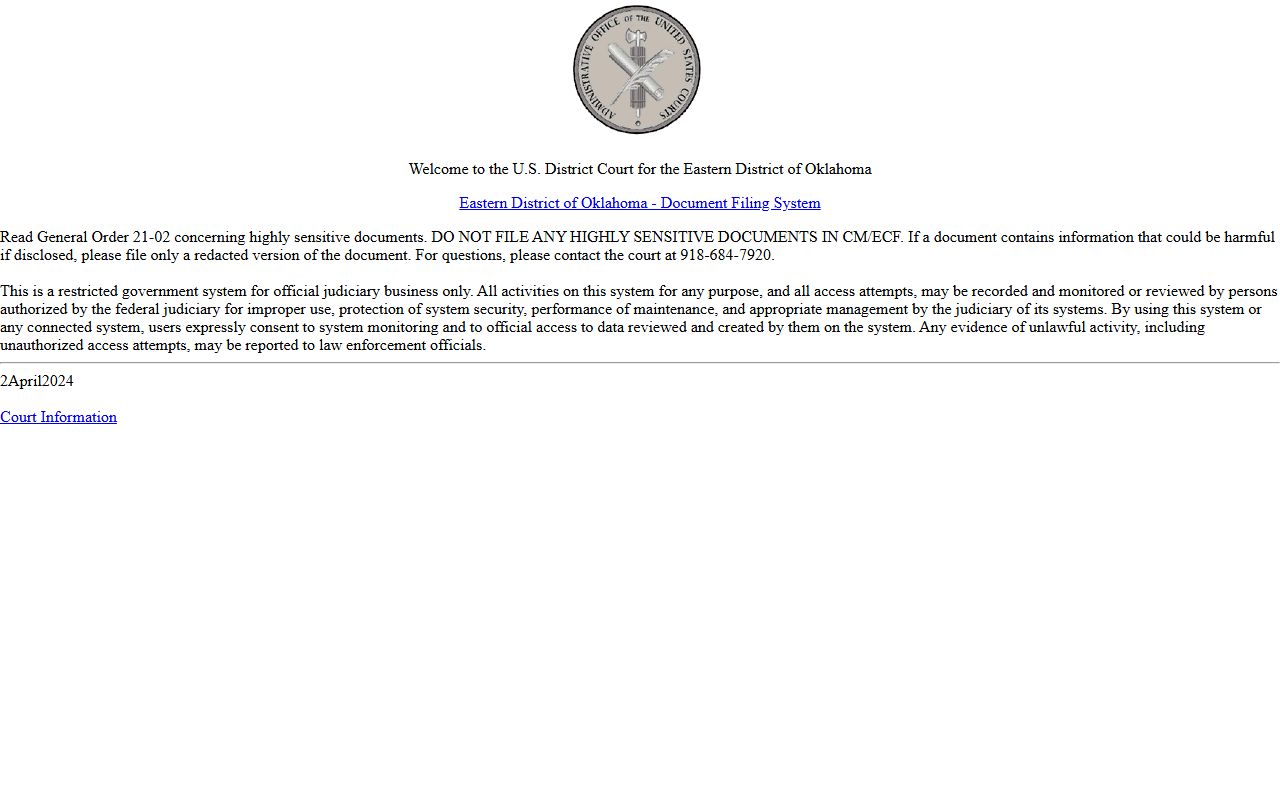 Atoka County criminal court records federal path through the Eastern District of Oklahoma CM/ECF system