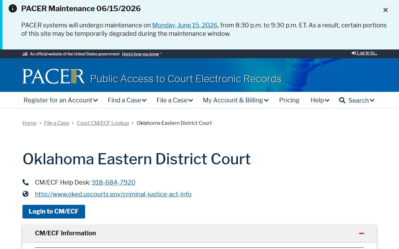Atoka County criminal court records federal search through the PACER lookup for Oklahoma Eastern District