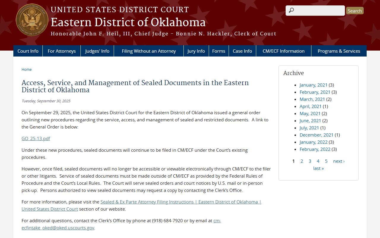 Eastern District sealed-documents notice compared to Atoka County District Court court records