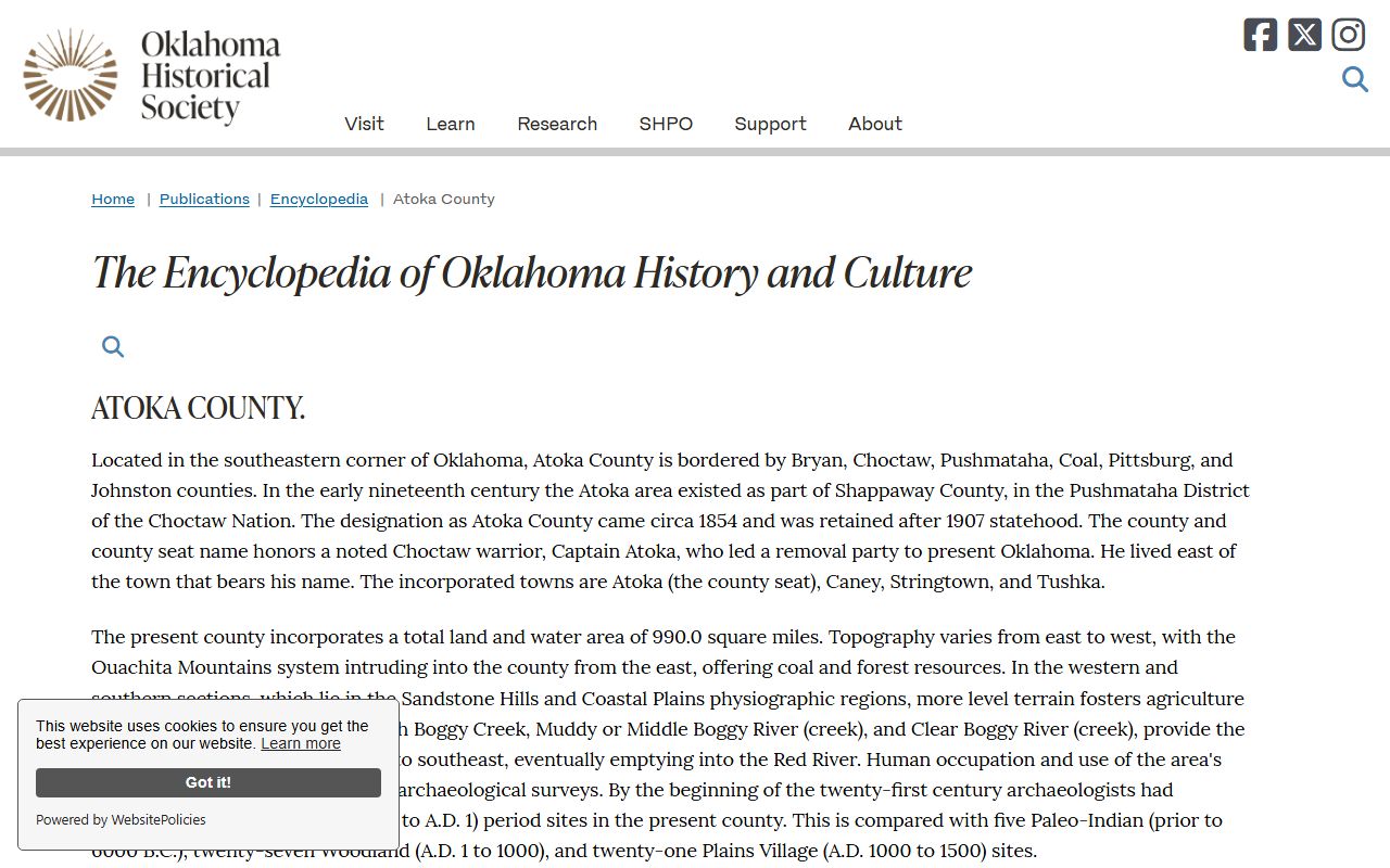 Atoka County court records history from the Oklahoma Historical Society