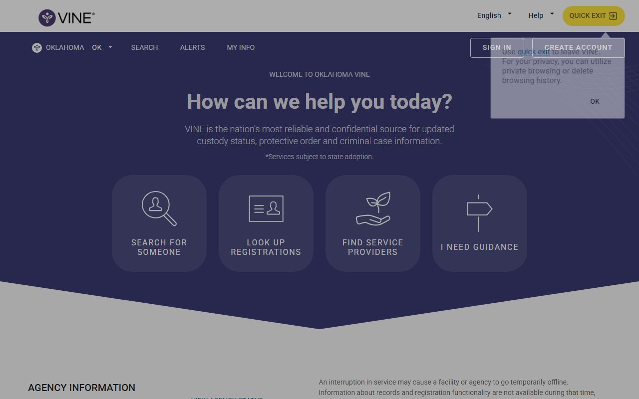 Oklahoma VINE portal for Atoka County inmate custody notifications