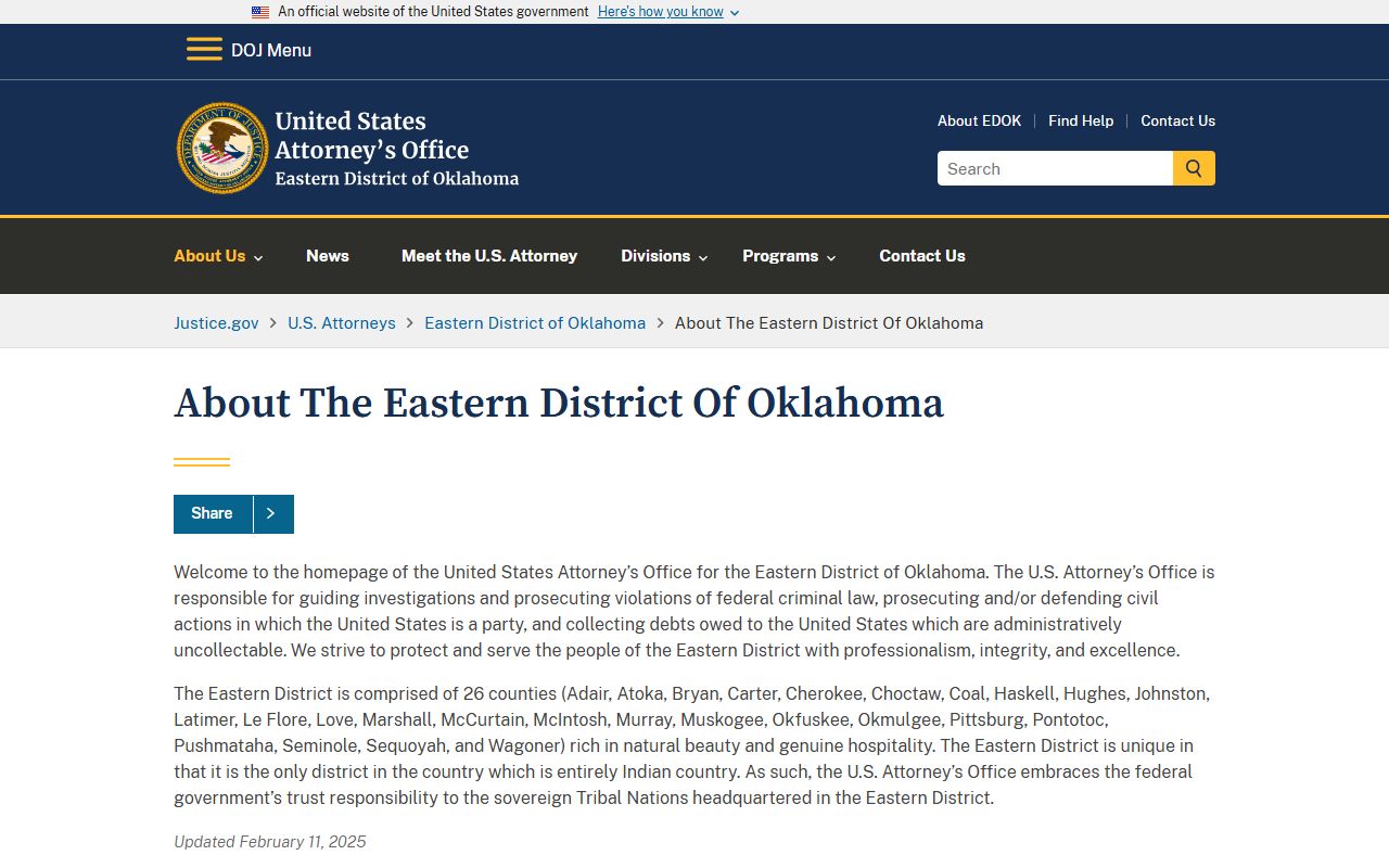 Atoka County marriage and divorce records jurisdiction shown against the Eastern District of Oklahoma about page